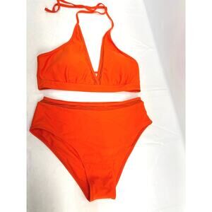 Zaful Orange high waisted lace trim bikini set halter backless w Sz Large(8-10)